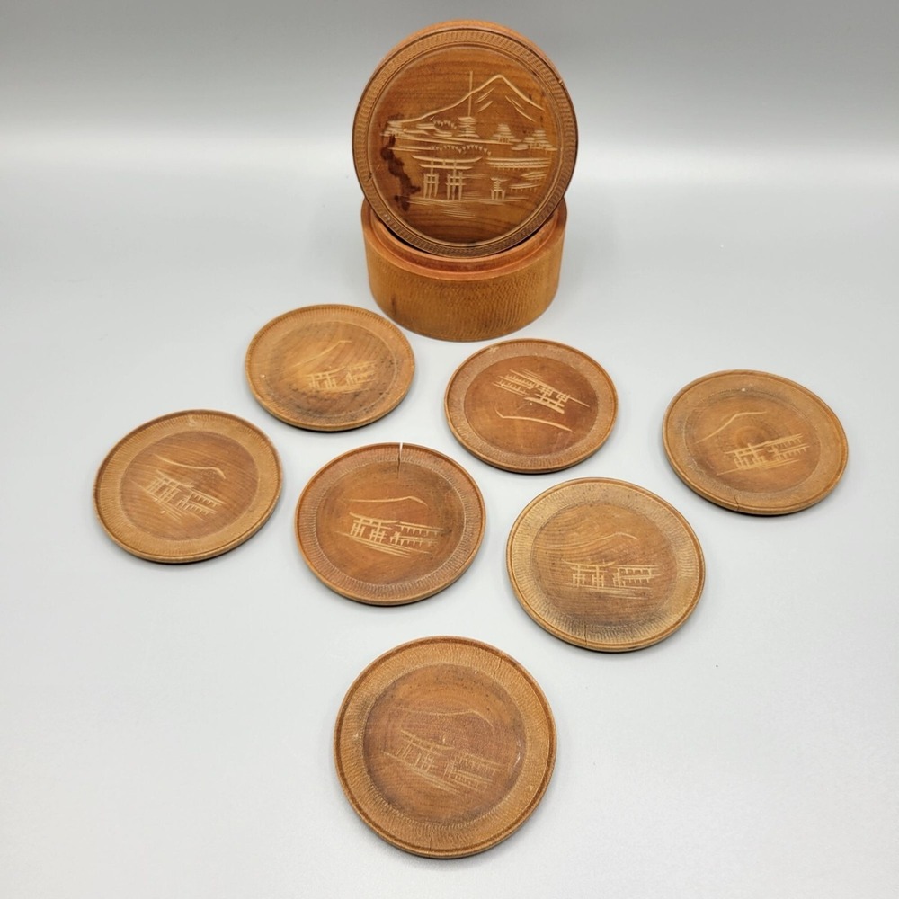 Vintage Asian Japanese Solid Wood Coaster Set of 7 in Box with Lid Table Decor